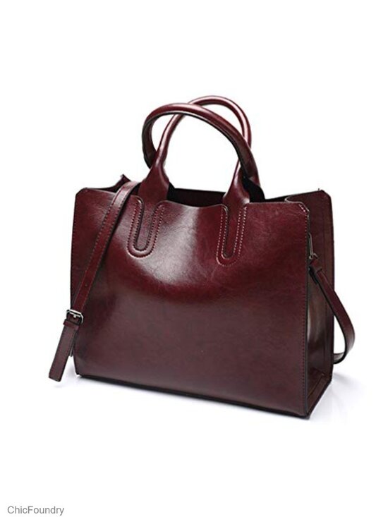 Handbags - Large Faux Leather Tote Bag, Work Shoulder Purse with Zipper Closure and